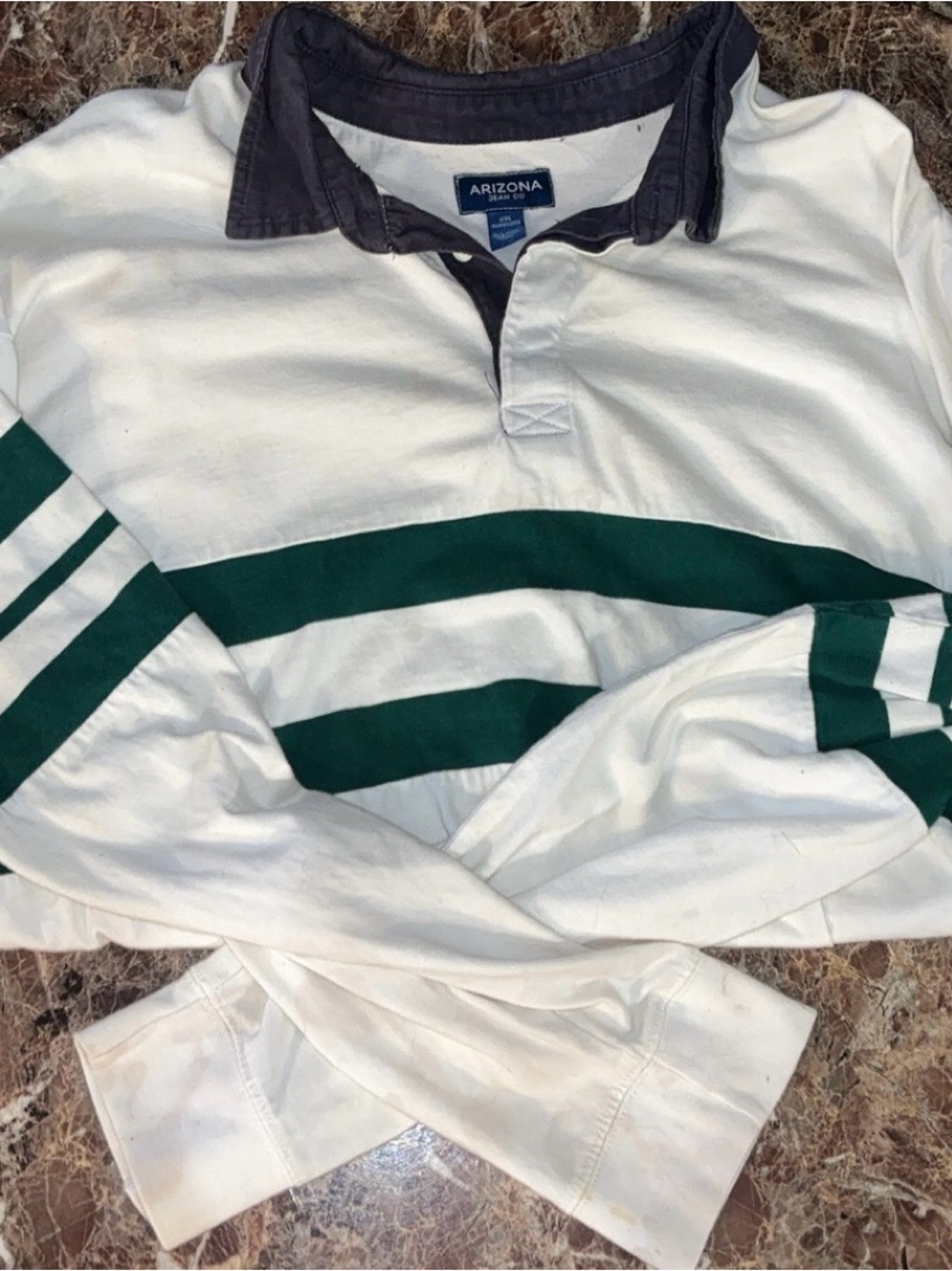 Arizona Jean Company White Rugby Shirt with Dark Green Stripes and Navy Collar